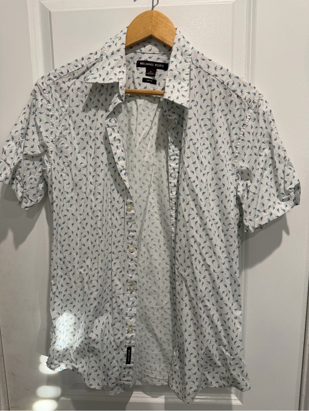 Michael Kors White Short-Sleeve Button-Down Shirt with Blue Micro Print